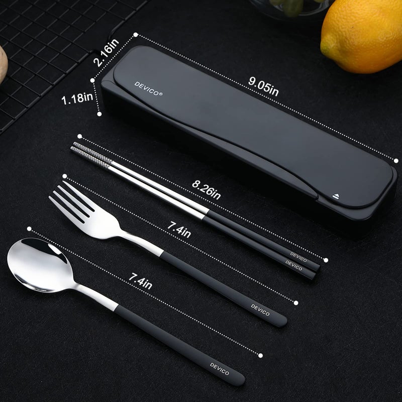 DEVICO Travel Utensils, 18/8 Stainless Steel 4pcs Cutlery Set Portable Camp Reusable Flatware Silverware, Include Fork Spoon Chopsticks with Case (Black) - Image 3